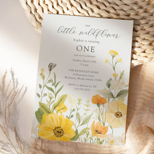 Floral 1st birthday invitation featuring sage greenery and yellow pastel watercolor wildflowers for a whimsical garden party celebration.