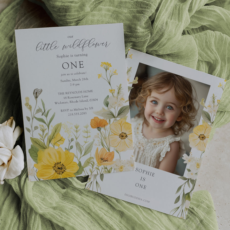 Floral 1st birthday invitation featuring sage greenery and yellow pastel watercolor wildflowers for a whimsical garden party celebration.