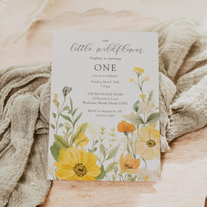 Floral 1st birthday invitation featuring sage greenery and yellow pastel watercolor wildflowers for a whimsical garden party celebration.