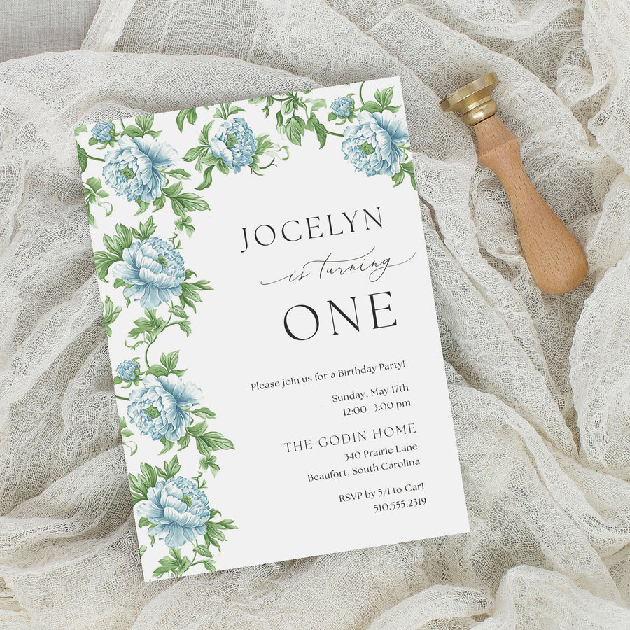 Elegant kids birthday party invitation featuring Charleston blue, floral and botanical designs with a touch of vintage French and southern charm for a memorable garden party.