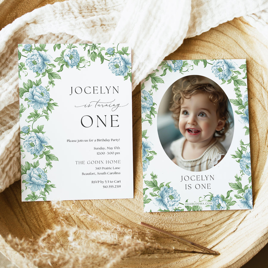 Elegant kids birthday party invitation featuring Charleston blue, floral and botanical designs with a touch of vintage French and southern charm for a memorable garden party.