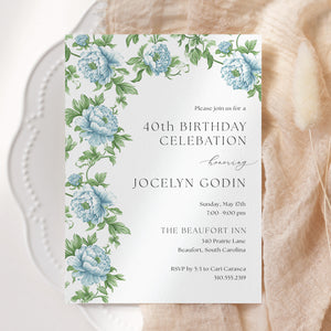 Elegant adult birthday party invitation featuring floral and botanical designs in French blue and Charleston blue, ideal for marking a significant milestone with grace and style.