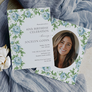 Elegant adult birthday party invitation featuring floral and botanical designs in French blue and Charleston blue, ideal for marking a significant milestone with grace and style.