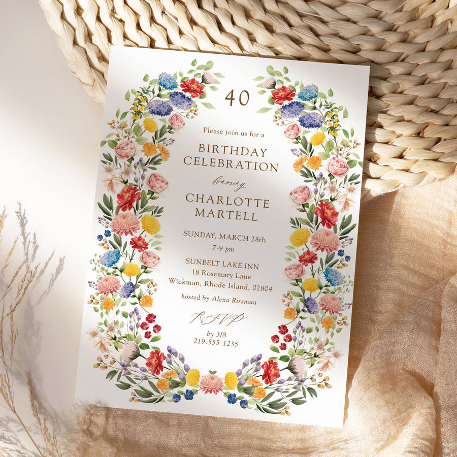 Elegant boho wildflower birthday invitation featuring a watercolor floral wreath, perfect for garden party celebrations.