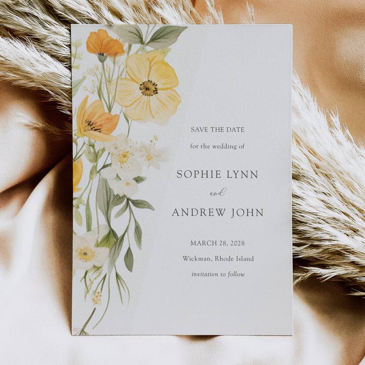 Yellow wildflower save the date wedding invitation with pastel sage greenery, watercolor floral and pastel yellow  and sage design.