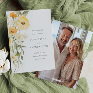 Yellow wildflower save the date wedding invitation with pastel sage greenery, watercolor floral and pastel yellow and sage design.