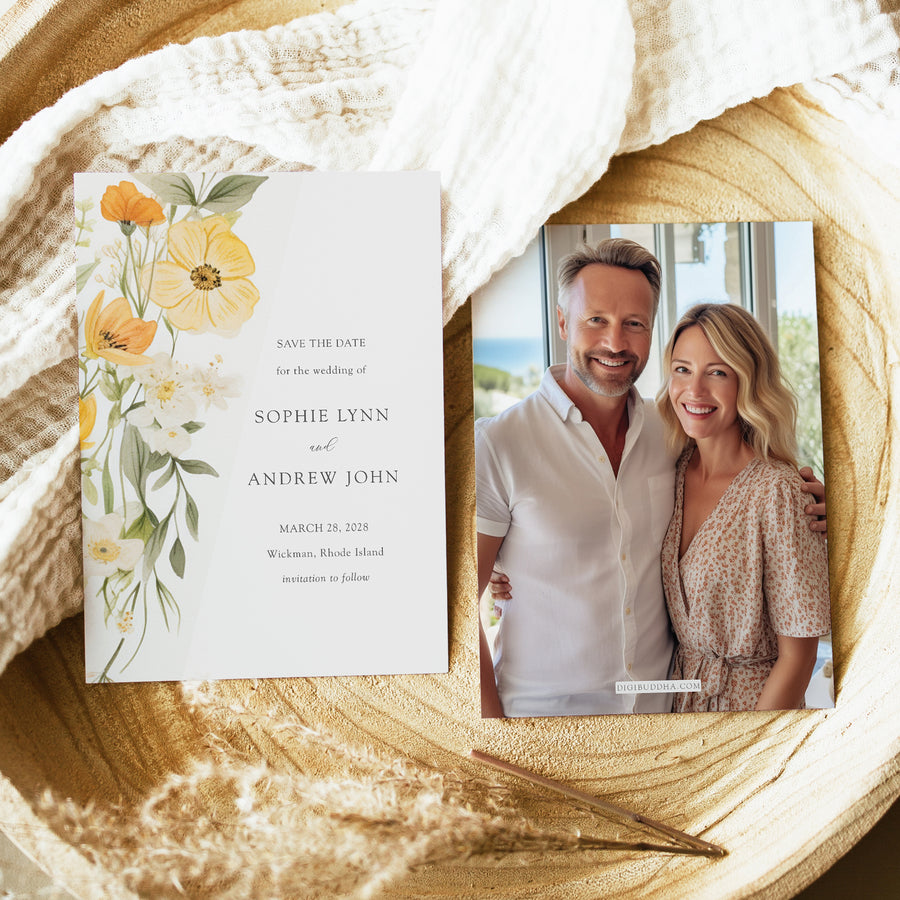 Yellow wildflower save the date wedding invitation with pastel sage greenery, watercolor floral and pastel yellow and sage design.