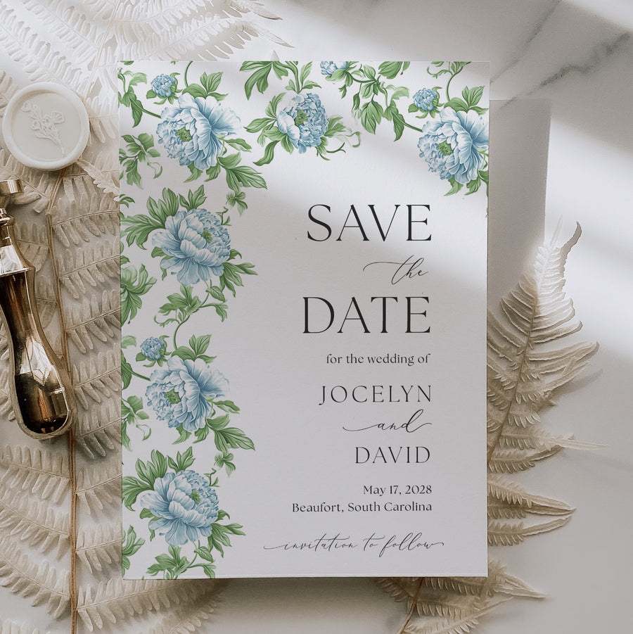 Elegant blue floral toile save the date card, blending chinoiserie and botanical themes for a preppy, grandmillennial-inspired garden party wedding.