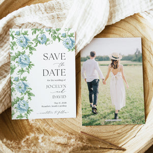 Elegant blue floral toile save the date card, blending chinoiserie and botanical themes for a preppy, grandmillennial-inspired garden party wedding.