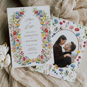 Elegant Save the Date card featuring a mix of greenery, wildflowers, and watercolor designs, perfect for announcing a spring or summer wedding.