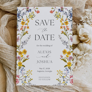 Elegant Save the Date card with boho floral design, including summer wildflowers in yellow, purple, and blue, perfect for garden wedding announcements.