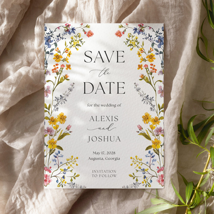 Elegant Save the Date card with boho floral design, including summer wildflowers in yellow, purple, and blue, perfect for garden wedding announcements.