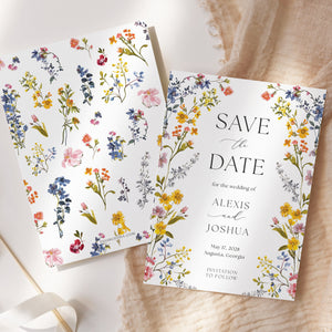 Elegant Save the Date card with boho floral design, including summer wildflowers in yellow, purple, and blue, perfect for garden wedding announcements.