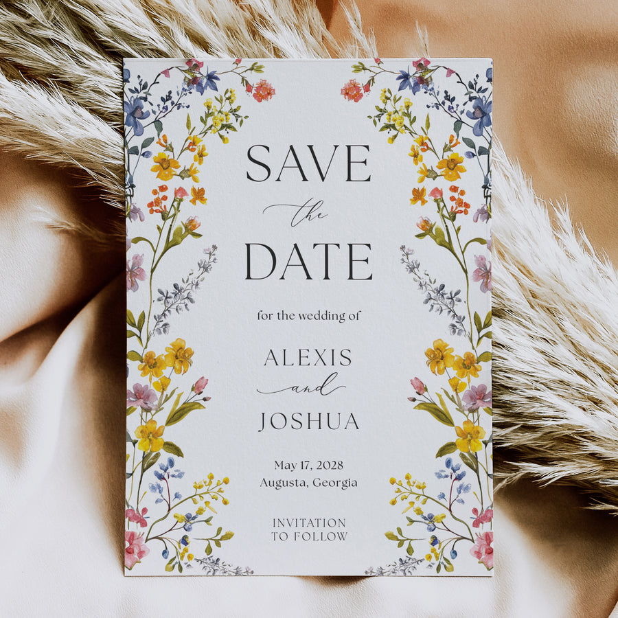 Elegant Save the Date card with boho floral design, including summer wildflowers in yellow, purple, and blue, perfect for garden wedding announcements.