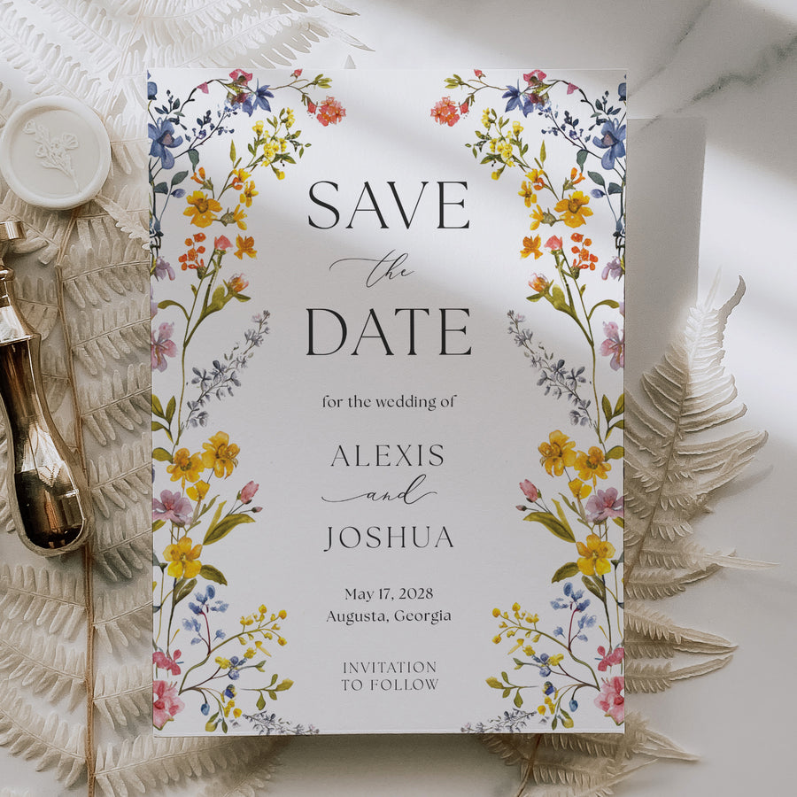 Elegant Save the Date card with boho floral design, including summer wildflowers in yellow, purple, and blue, perfect for garden wedding announcements.