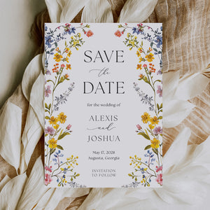 Elegant Save the Date card with boho floral design, including summer wildflowers in yellow, purple, and blue, perfect for garden wedding announcements.