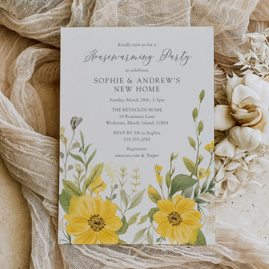 Yellow wildflower housewarming party invitation with pastel and sage green botanical design, perfect for a whimsical garden party