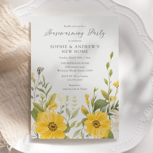 Yellow wildflower housewarming party invitation with pastel and sage green botanical design, perfect for a whimsical garden party