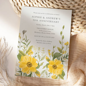 50th wedding anniversary invitation featuring pastel wildflowers in yellow and sage greenery, embodying vintage elegance and botanical charm cottagecore garden party