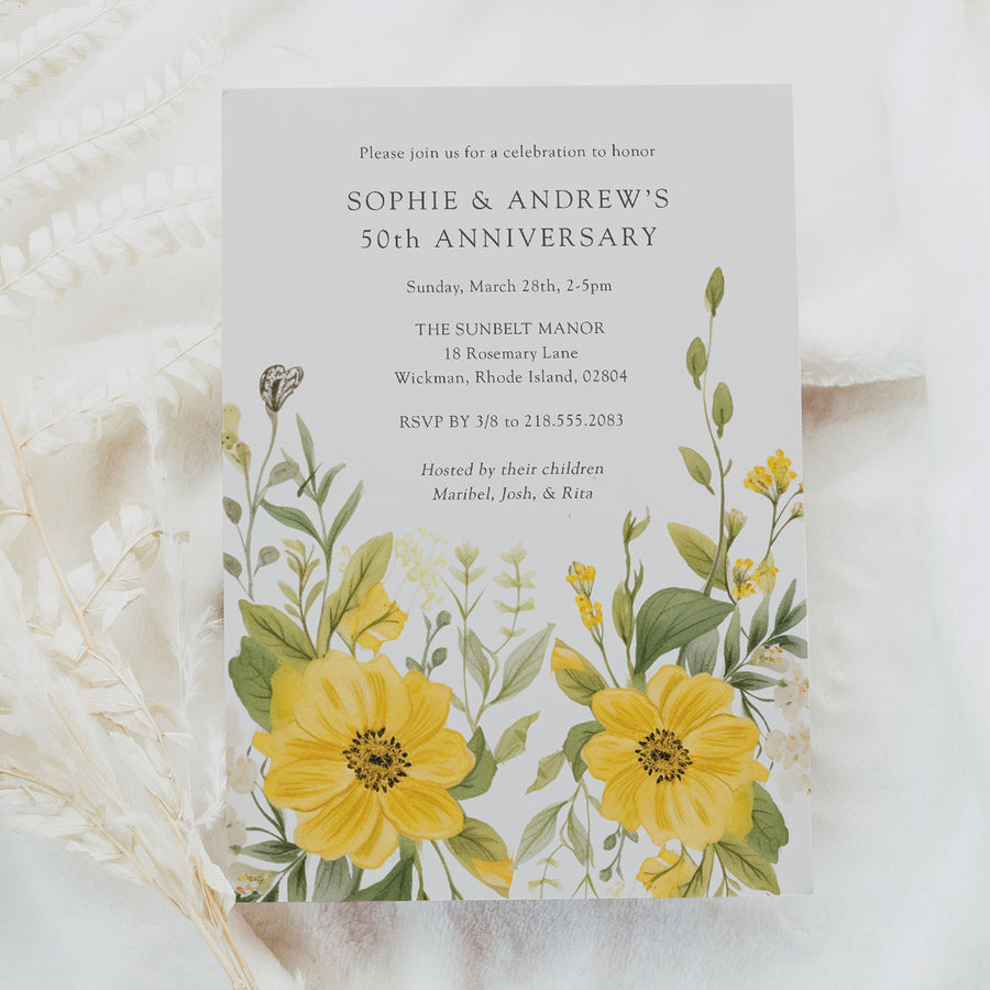 50th wedding anniversary invitation featuring pastel wildflowers in yellow and sage greenery, embodying vintage elegance and botanical charm cottagecore garden party