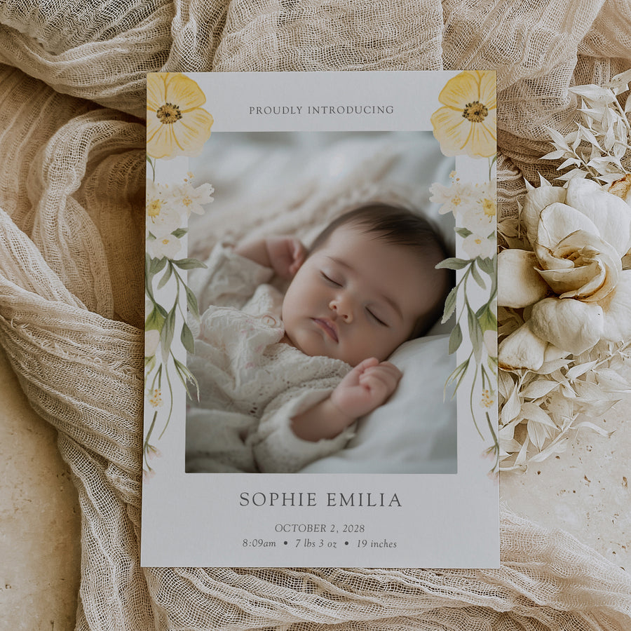 Simple Yellow Floral Birth Announcement Card