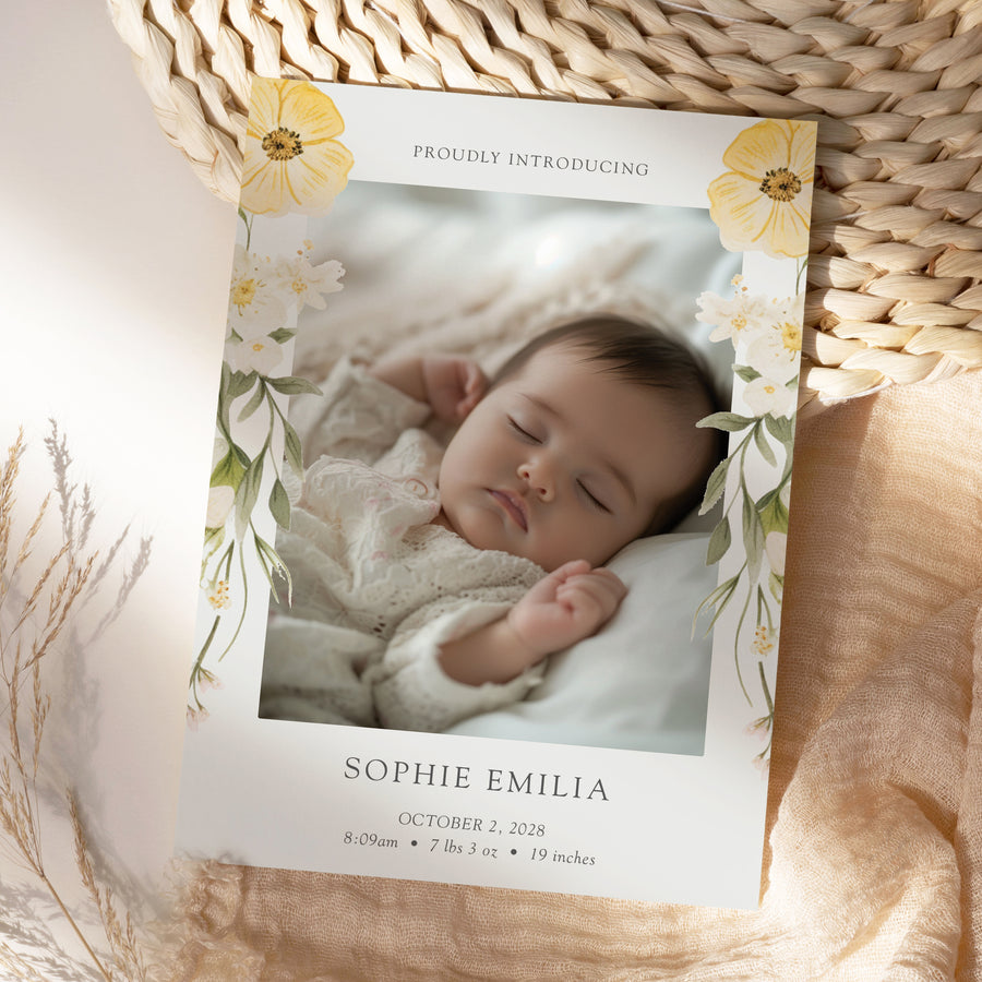 Simple Yellow Floral Birth Announcement Card