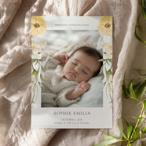 Simple Yellow Floral Birth Announcement Card