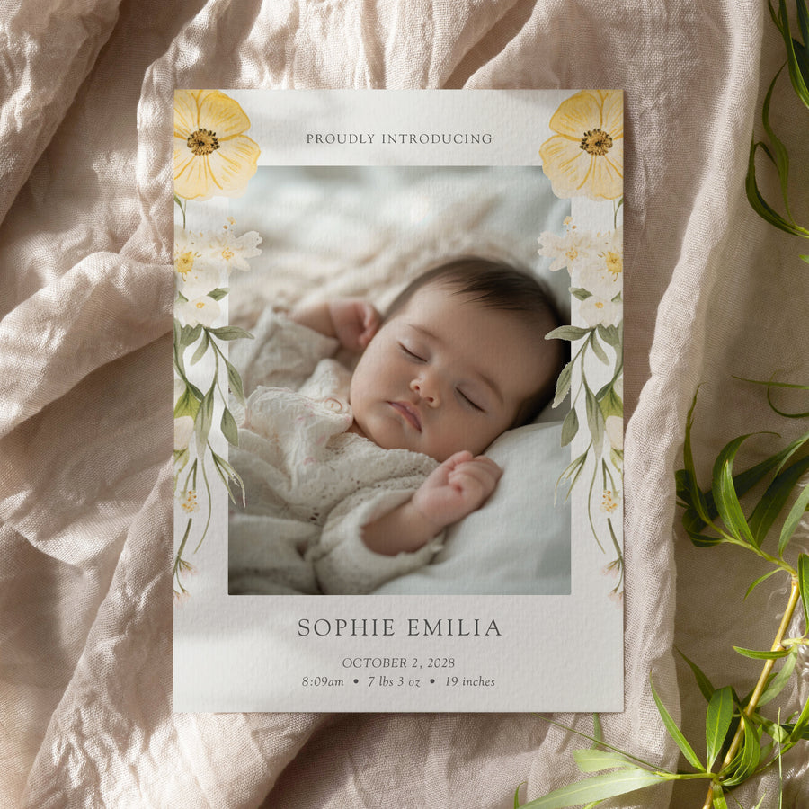 Simple Yellow Floral Birth Announcement Card