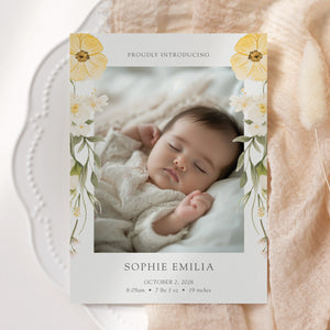 Simple Yellow Floral Birth Announcement Card