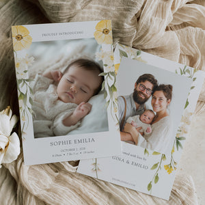 Simple Yellow Floral Birth Announcement Card