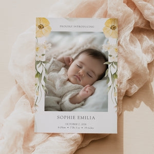 Simple Yellow Floral Birth Announcement Card