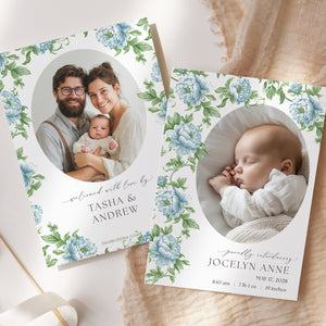 Elegant birth announcement card featuring dusty blue floral and sage green botanical designs in French blue and Charleston blue, ideal for sharing your new baby joy.