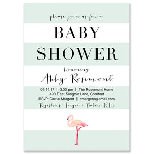 "Abby" Mint Striped + Flamingo Baby Shower Invitation