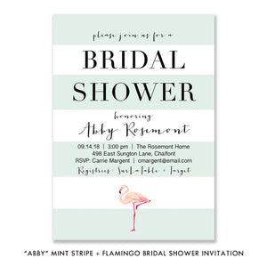 Mint and pink flamingo bridal shower invitation with stylish mint stripes and a cute flamingo design