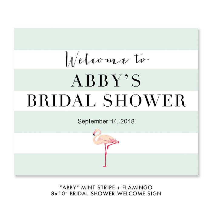 Mint and pink flamingo bridal shower invitation with stylish mint stripes and a cute flamingo design