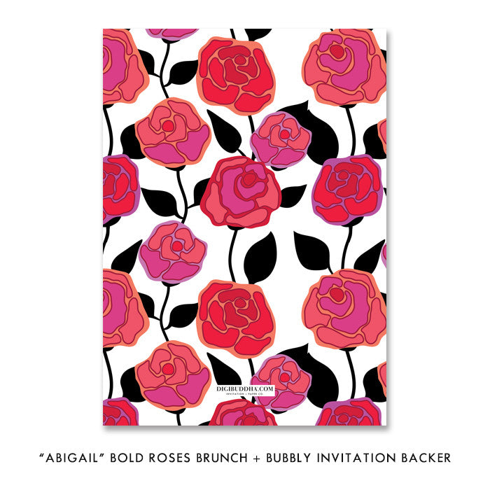 Elegant Bold Roses Brunch and Bubbly Bridal Shower Invitation featuring red roses, champagne glass, and modern floral design.