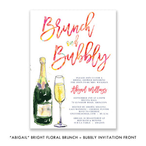Bright floral design with champagne glass on Floral Bloom Brunch and Bubbly Bridal Shower Invitation, elegant and classy.
