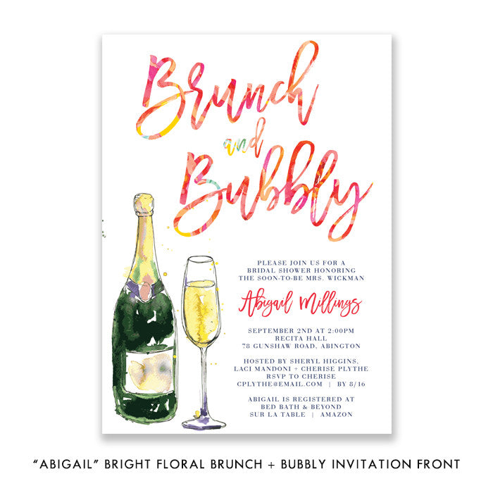 Bright floral design with champagne glass on Floral Bloom Brunch and Bubbly Bridal Shower Invitation, elegant and classy.