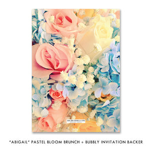 Pastel Bloom Brunch and Bubbly Bridal Shower Invitation with pastel flowers, champagne glass, and peach and blue colors.