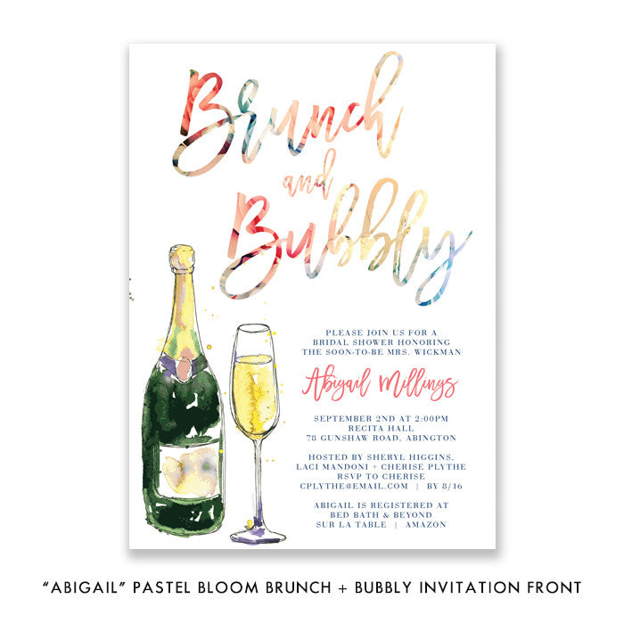 Pastel Bloom Brunch and Bubbly Bridal Shower Invitation with pastel flowers, champagne glass, and peach and blue colors.