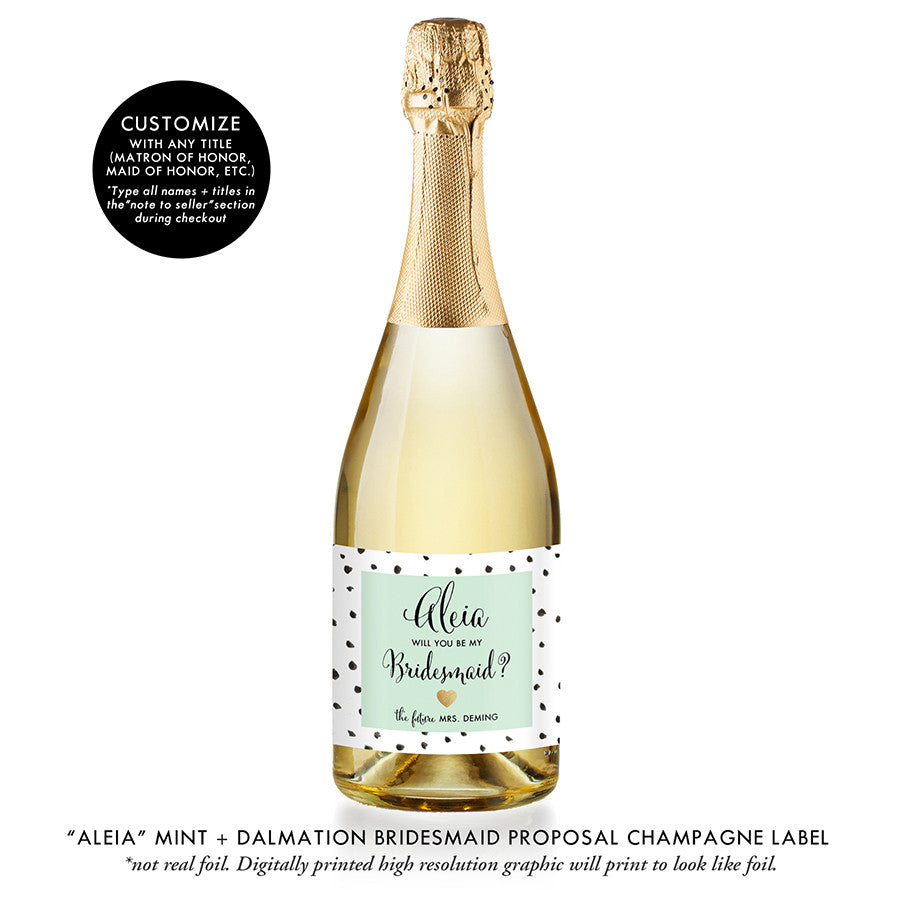 "Aleia" Mint + Dalmation Bridesmaid Proposal Champagne Labels