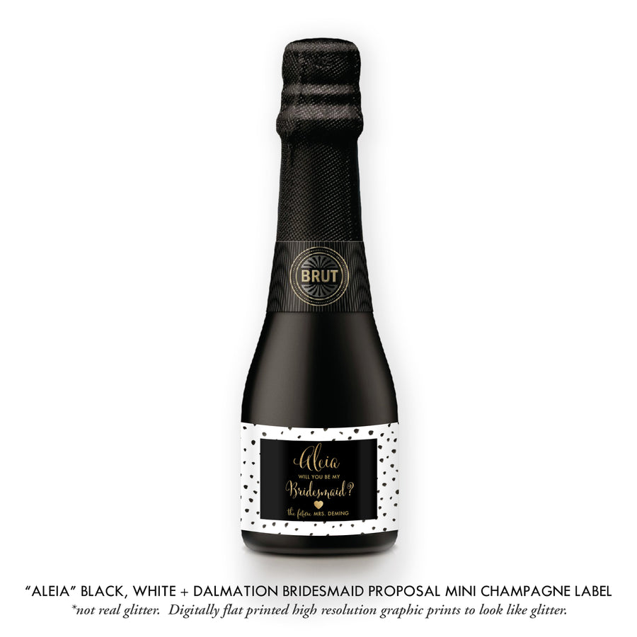 "Aleia" Black, White + Dalmation Bridesmaid Proposal Champagne Labels