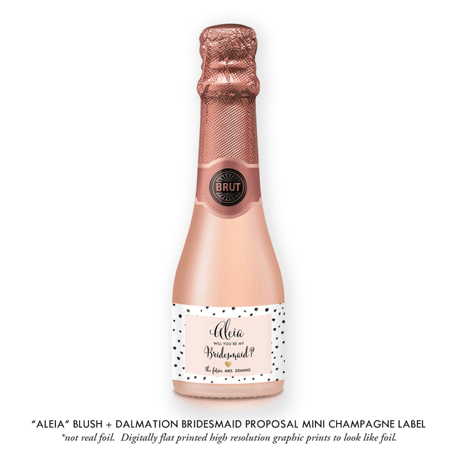 "Aleia" Blush Pink + Dalmation Bridesmaid Proposal Champagne Labels