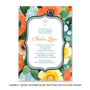 “Andra” Boho Watercolor Baptism Invitation