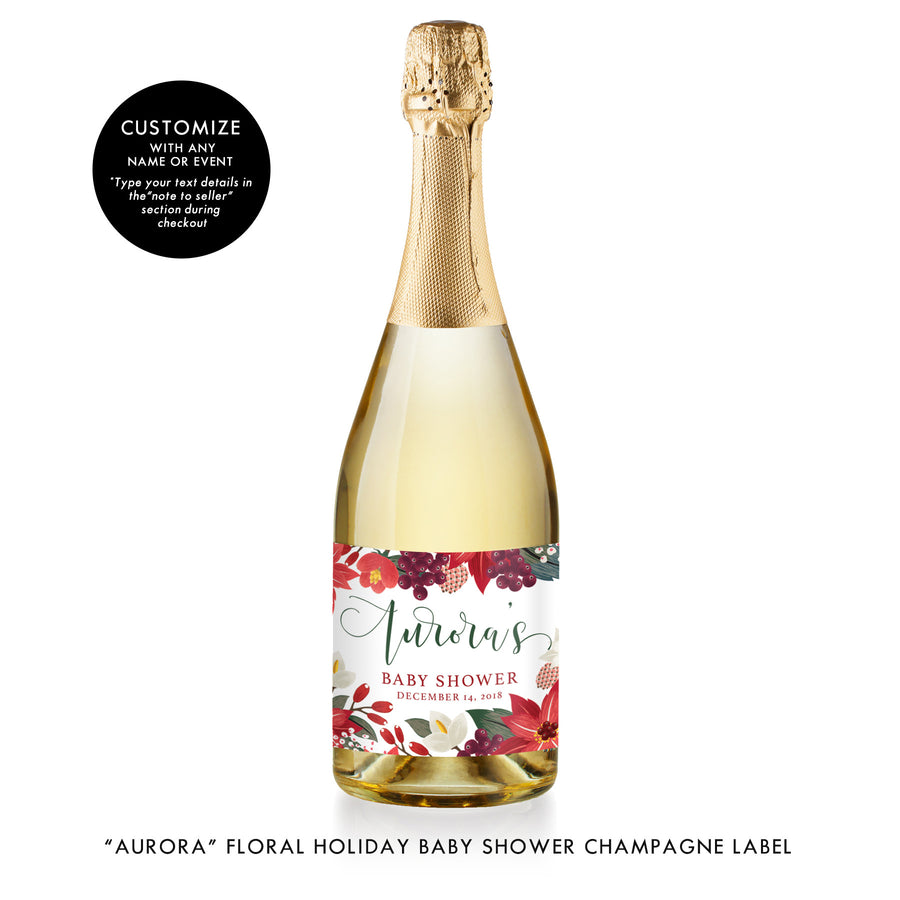 "Aurora" Floral Holiday Baby Shower Champagne Labels