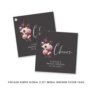 Elegant purple floral vintage bridal shower invitations featuring deep purple and pink floral patterns in a black boho style.