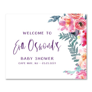Purple Watercolor Florals Baby Shower  Welcome Sign Coll. 4