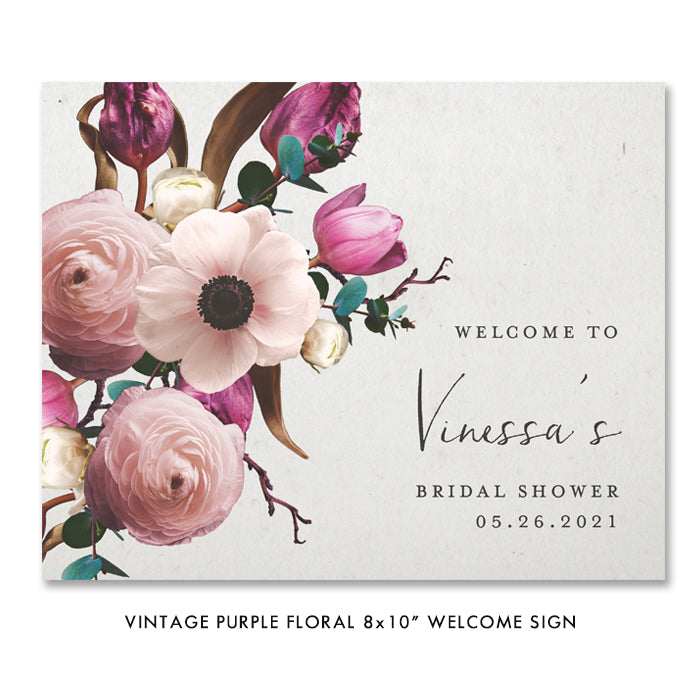Elegant purple floral vintage bridal shower invitations featuring deep purple and pink floral patterns in a black boho style.
