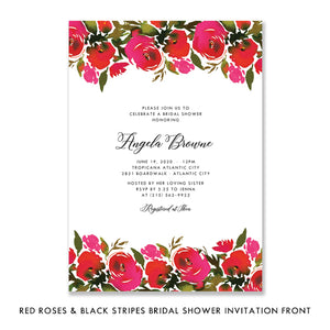 Elegant Rose Bridal Shower Invitations with Red Roses and Black Stripes Design by Digibuddha