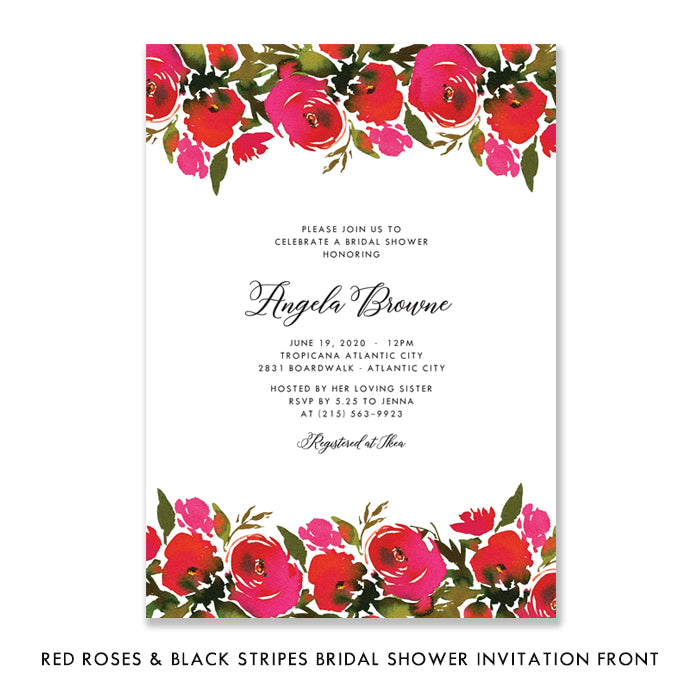 Rose Bridal Shower Invitations with Black and White Stripes